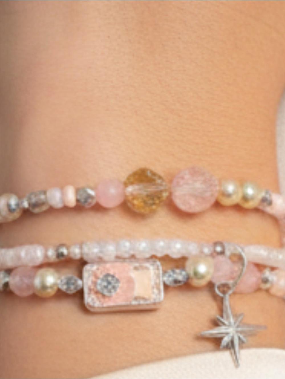 3 Delicate peach and silver stretch bracelets size 8